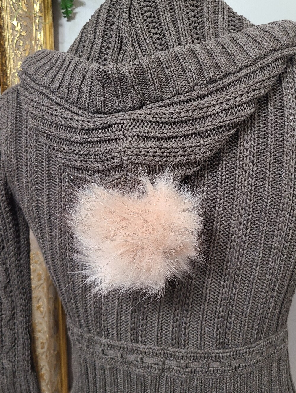 Vintage Abercrombie Brown Plaid Hearts Buttons Babydoll Sweater Furry Pom Poms - Picture 5 of 10